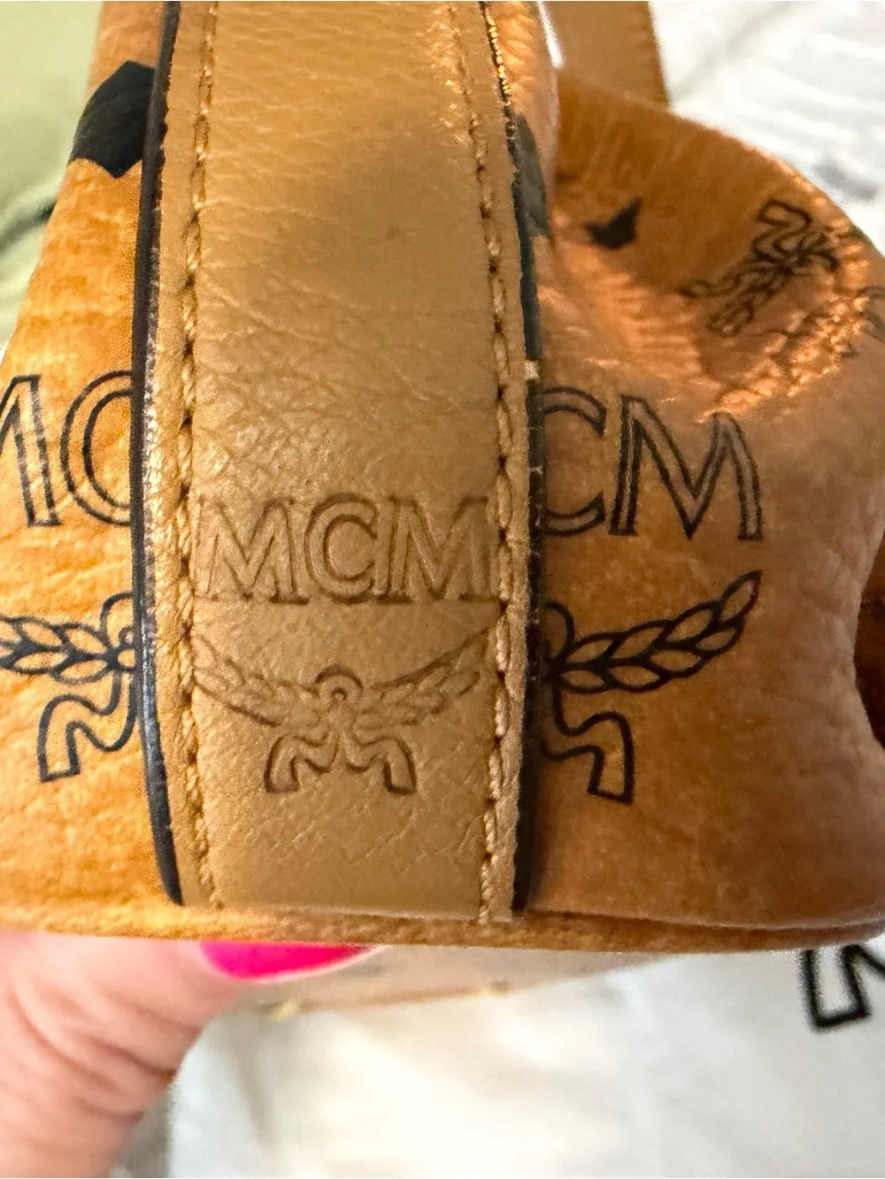 MCM Cognac Logo Print Shoulder Bag with Gold Plate